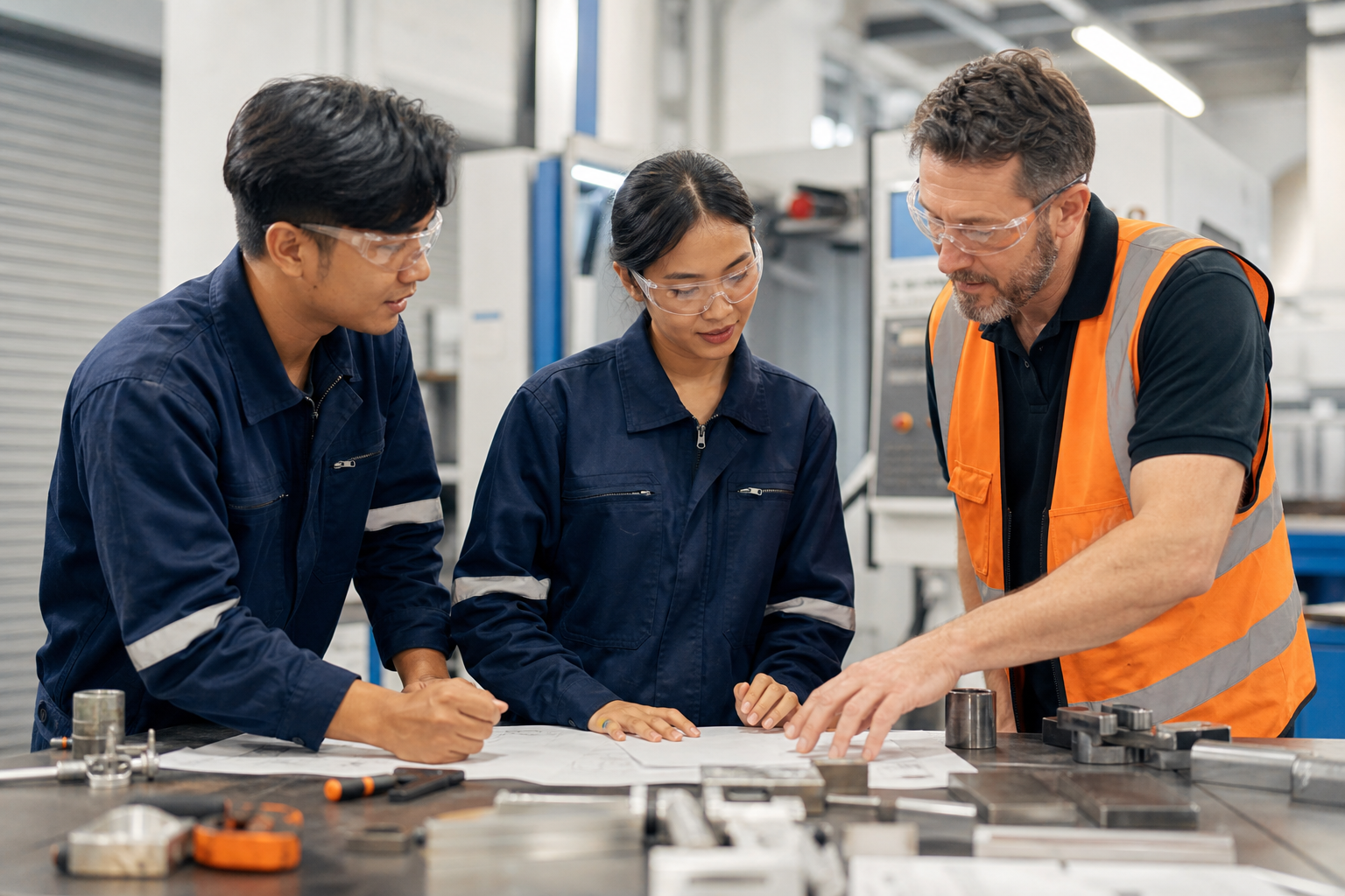 Skilled trades and technician workers reviewing plans in New Zealand